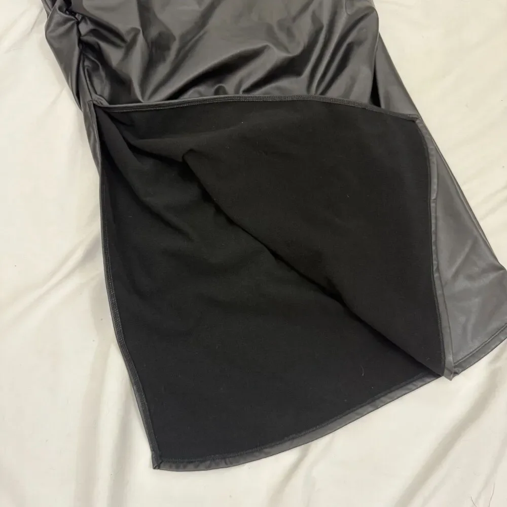 HALARA High Rise Tummy Cntl Ruched  2-in-1 Fleece PU Midi Skirt XL NEW B76